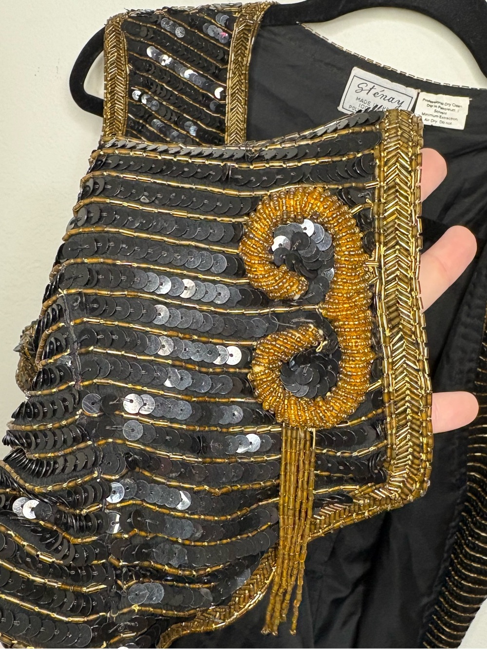 Vintage Stenay Black Sequin Beaded 100% Silk Vest with Gold Trim size XL - Picture 12 of 12
